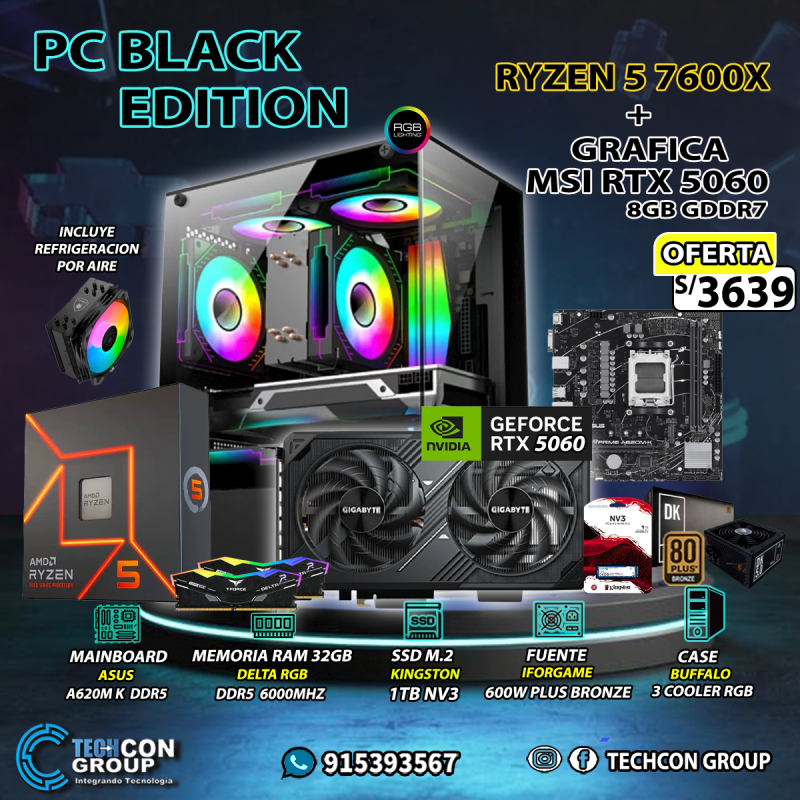 PC RYZEN 5 7600X + RTX5060 BLACK