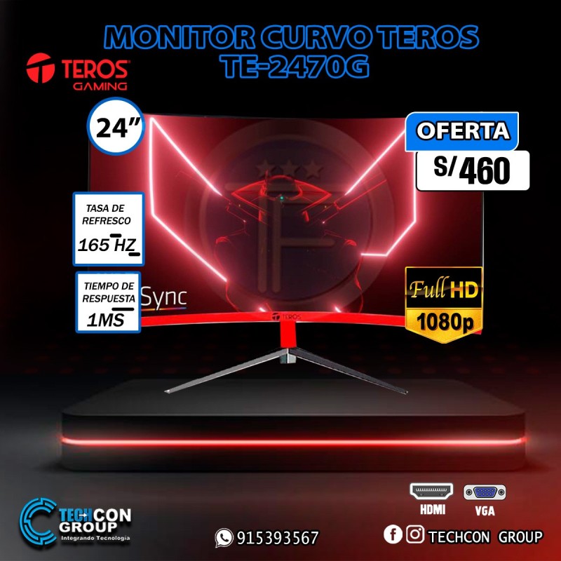 MONITOR GAMER TEROS 24" TE-2470G , CURVO FULL HD, IPS, 165HZ, 1MS
