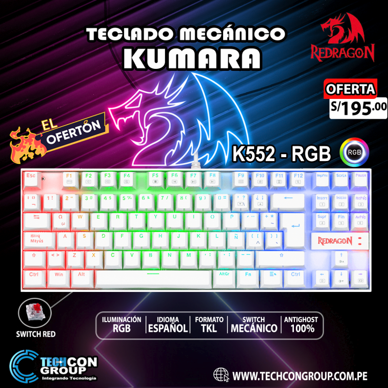 TECLADO MECANICO REDRAGON KUMARA K552 RGB WHITE RGB